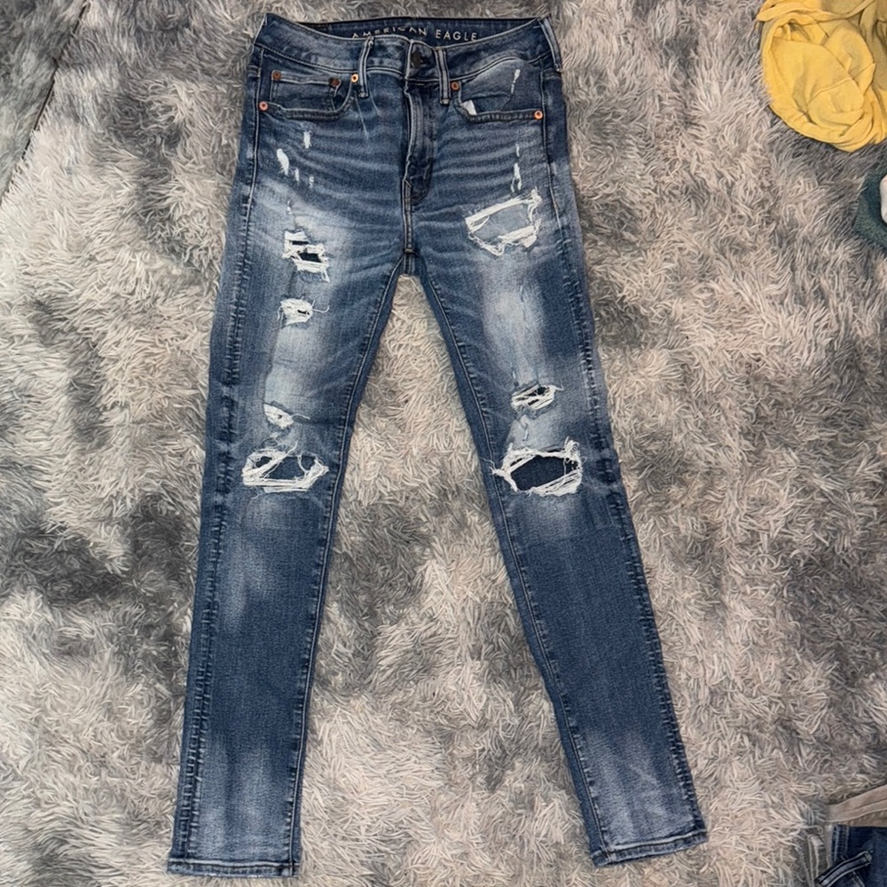 American Eagle Outfitters Men's Skinny Jeans - Distressed Blue